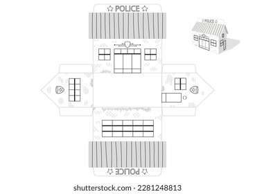 Toy police house print A4 die cut template. Simple style, fast and easy to fold. Vector illustration 