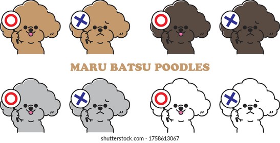 Toy poodle showing a circle and a plate of X.(Vector illustration)