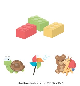 Un hélice de juguete, un oso de peluche con una jirafa y una bola colorida, una tortuga de juguete, una lego, un diseñador para niños. Juguetes conjunto iconos de colección en la web de ilustración de material de símbolo vectorial estilo caricatura.
