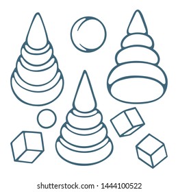 Toy pyramids, balls and cubes.  Hand drawn toys for babies and toddlers. Sketch drawing vector illustrations. Part of set.