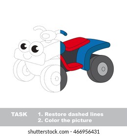 Toy quad bike in vector to be traced. Restore dashed line and color the picture. Easy educational kid gaming with simple level of difficulty.