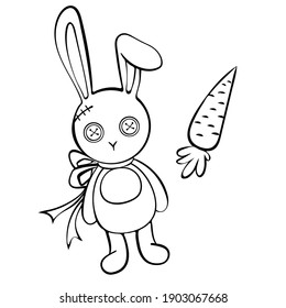 Toy rabbit with carrot. Black and white vector illustration for coloring book