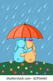 Toy rabbit having embraced sit under an umbrella and look at a rain