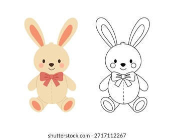 Un conejo de juguete con un lazo rojo. Arte de línea blanco y negro y dibujo coloreado. Libro para colorear para niños. Ilustración vectorial.