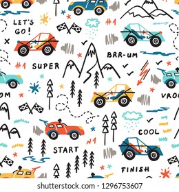 Toy Racing Cars Vector Seamless Pattern with Doodle Buggy Car and Highlands. Cartoon Transportation Background for Kids. 