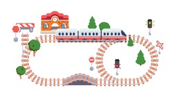 Toy Railway Track Model, Kids Train Locomotive And Carriage, Railroad Station Building, Road Signs, Glowing Traffic Lights. Children Transport Game. Childhood Entertainment Flat Vector Illustration