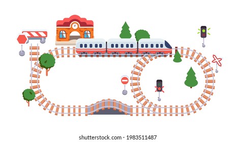 Toy railway track model, kids train locomotive and carriage, railroad station building, road signs, glowing traffic lights. Children transport game. Childhood entertainment flat vector illustration