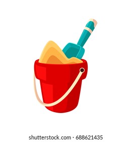 Toy Red Bucket Full Of Sand And Little Blue Shovel, Spade, Cartoon Vector Illustration Isolated On White Background. Cartoon Summer Vacation Toys - Little Bucket And Shovel