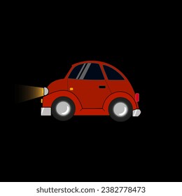 Toy red car on a dark background at night. Cartoon vector illustration. EPS 10. Red small car sticker. Ride at night
