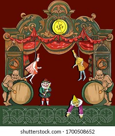 El Teatro de Juguetes ​ con cortinas rojas en el escenario, con lunares ​ amarillos brillantes en la parte superior. Vector, Ilustración.