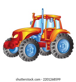 toy, a red tractor for agricultural work, a pyramid of colorful rings, an isolated object on a white background, an illustration cartoon, vector, eps