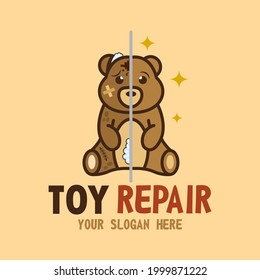 Toy Repair Shop vector isolated logo. Concept of fix Antique old plush Toys. Before and after Toys Restoration Service concept. Broken teddy bear.