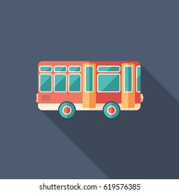 Toy retro bus flat square icon with long shadows.