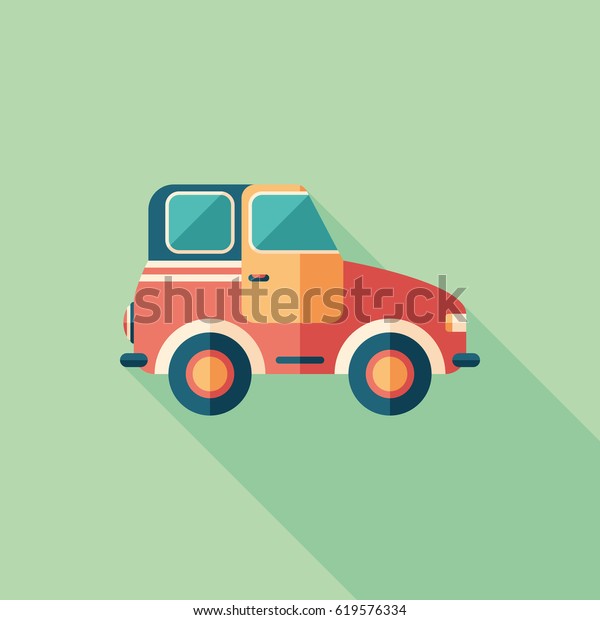 Toy retro\
car flat square icon with long\
shadows.