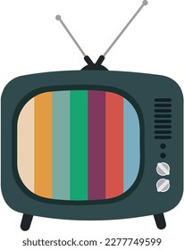 Televisión retro de juguete con líneas multicolor con arenas sobre fondo blanco