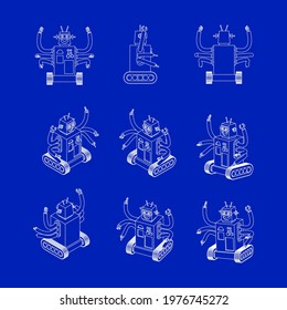 Toy robot blueprint. Toy robot in a blueprint. Isolated. Vector set.