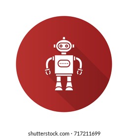 Toy robot flat design long shadow glyph icon. Vector silhouette illustration