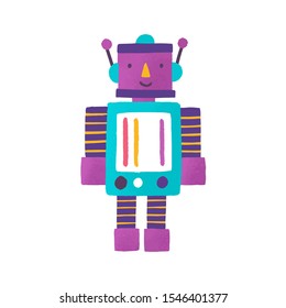 Toy robot flat vector illustration. Childish plaything. Smiling robot cartoon character. Transformer, toy for boys. Colorful kid android. Cute cyborg for children isolated on white background.