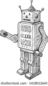 Toy robot illustration, drawing, engraving, ink, line art, vector