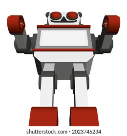 Robot de juguete aislado sobre fondo blanco. 3 D. Vista frontal. Ilustración del vector