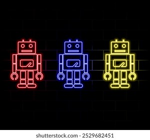 Toy robot neon sign. Childhood, entertainment and advertisement design. Night bright neon sign, colorful billboard, light banner. Vector illustration in neon style..