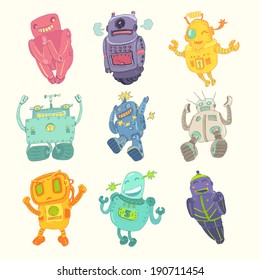 toy robot set, vector illustration, hand drawn