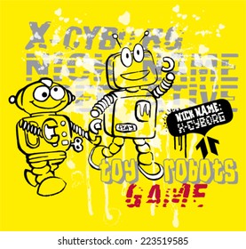 toy robots cartoon.Grunge vector artwork for baby and kid wear in custom colors 