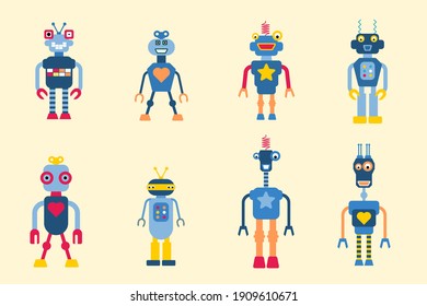 Toy robots isolated vector collection. 1980s retro style cute robot character illustration set.