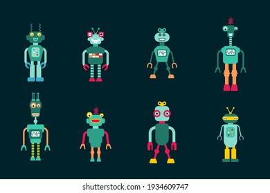 Toy robots isolated vector collection. Retro style cute robot character illustration set. 1980s style.