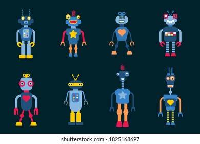 Toy robots retro vector collection. Retro style cute robot character illustration set.