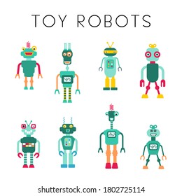Toy robots vector collection. Retro style cute robot character illustration set. 1980s style.