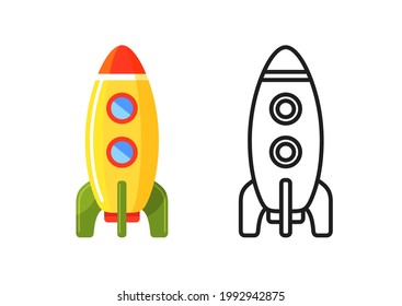 Toy rocket for children. Set of colorful and outline icons. Early education equipment. Vector isolated illustrations for coloring book pages.