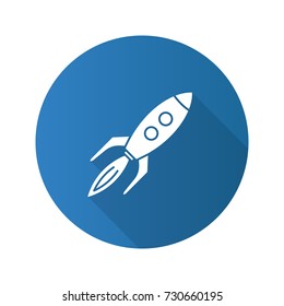 Toy rocket flat design long shadow glyph icon. Spaceship. Vector silhouette illustration