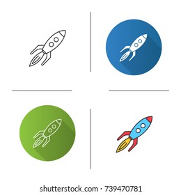 Toy rocket icon. Flat design, linear and color styles. Spaceship. Isolated vector illustrations