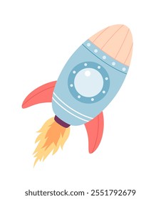 Toy rocket on a white background. Children's toy. Space object. Pastel colors.Flying cosmos shuttle, rocketship taking off with fire engine.