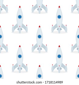 Toy rocket seamless background. Cartoon style space ship drawing endless vector pattern. Baby background seamless concept. Part of set.