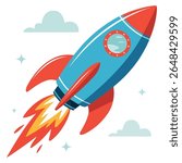 Toy rocket ship flying through the air isolated vector illustration on white background