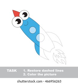 Toy rocket in vector to be traced. Restore dashed line and color the picture. Easy educational kid gaming with simple level of difficulty.