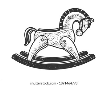 toy rocking horse sketch engraving vector illustration. T-shirt apparel print design. Scratch board imitation. Black and white hand drawn image.