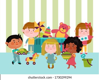 Toy room place, children character play different plaything flat vector illustration. Playground area for rest child, multinational kid place. Cozy room interior, striped wallpaper.