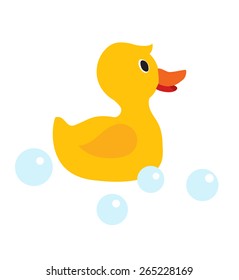 Toy rubber duck and soap bubbles on a white background. Vector illustration.