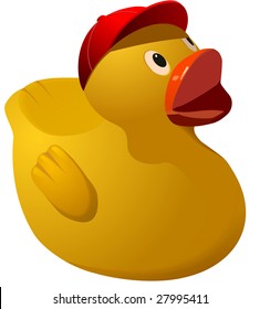 Toy rubber ducky wearing a baseball cap.