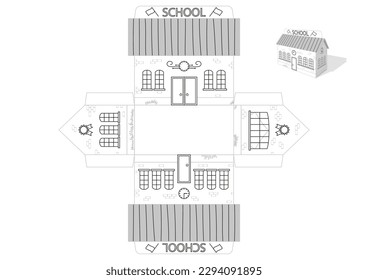 Toy School house print die cut template. Simple style, fast and easy to fold. Coloring book. Vector 