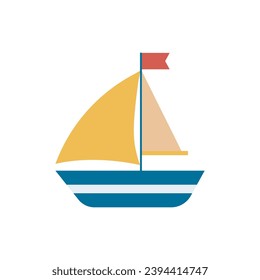 Toy sea boat isolated on white background. Simple sea ship with sail and flag clip art. Sailboat, vector illustration