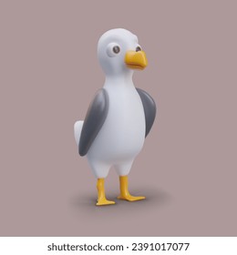 Toy seagull stands with folded wings. Vector illustration in plasticine style. Illustration for bird watching website. Colorful character for online game