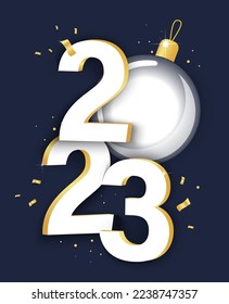 Spielzeug, Sequenzen und 2023 Zahlen auf grauem Hintergrund. Neujahr Grußgrafik.