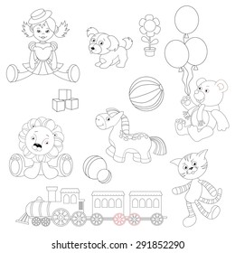 Toy set to be colored. Doll in dress and hat, little puppy toy, flower pot, balloons, dice, bouncy ball, toy bear wearing scarf, lion cub plush, horse toy, train locomotive, gray tabby cat toy.