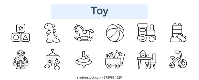 Toy set icon. Blocks, dinosaur, horse, ball, train, constructor, robot, mobile, spinning top, cart, table, scooter, childhood play, fun learning, activity set.