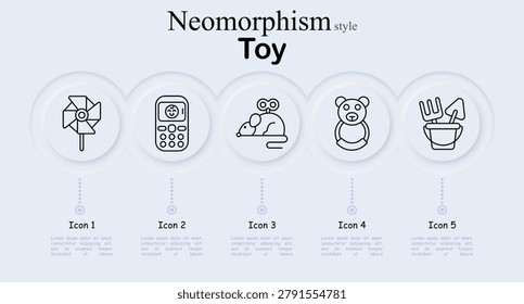 Toy set icon. Pinwheel wind toy, phone keypad device, windup mouse toy, teddy bear plush, sand bucket with shovel rake. Neomorphic circular buttons, thin outline children play objects