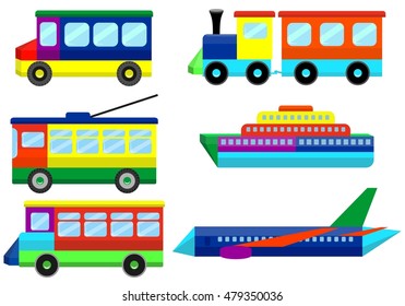 Toy set - urban, railway, sea and air transport. Bus, tram, trolleybus, train, ship, airplane. Vector illustration.